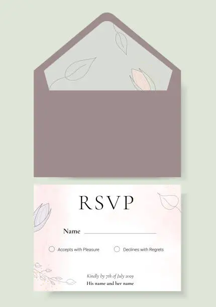 Vector illustration of Refined Vector envelop with RSVP. Template of invitation with RSVP. Vector Illustration of envelop. For an invitation, celebration or wedding with leaf and floral style, Watercolor, with gold glitter