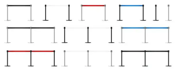 Vector illustration of Realistic retractable belt stanchions set. Metallic poles with black, white, red, blue tape