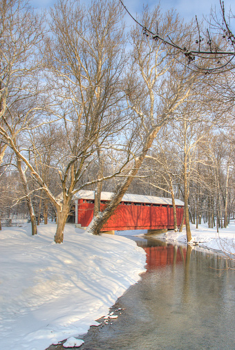 Red Covered bridge in the Snow-Howard County, Indiana