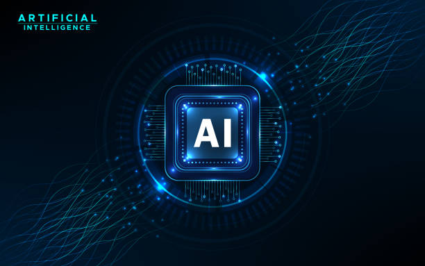 ilustrații de stoc cu inteligență artificială. text ai în centru și unde albastre în mișcare. învățarea automată și analiza datelor - cip