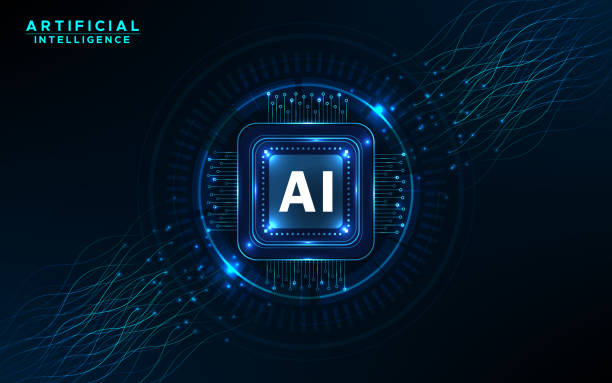 artificial intelligence. ai text in center and moving blue waves. machine learning and data analytics - ai stock illustrations