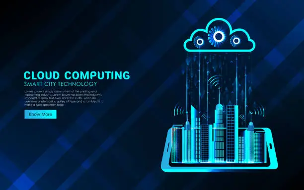 Vector illustration of Cloud computing concept. Smart city wireless internet communication with cloud storage. Digital cloud over virtual Smart City on Mobile phone
