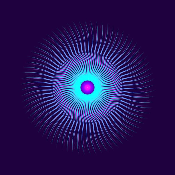 Colorful abstract eye iris or magic portal with glowing waved lines and sparks Digital Eye Wave lines and sparks. Abstract vector background blue iris stock illustrations