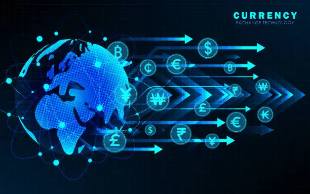 Vector illustration of Currency exchange technology Blue abstract high speed network background
