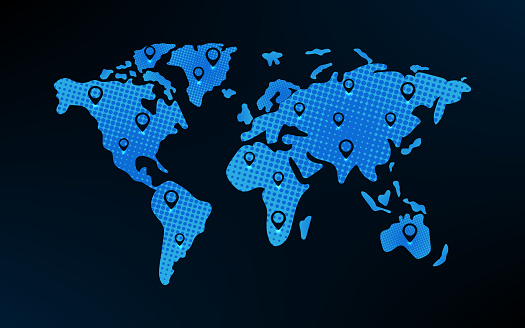 World map on a dark blue background. Global Digital technologies and communications