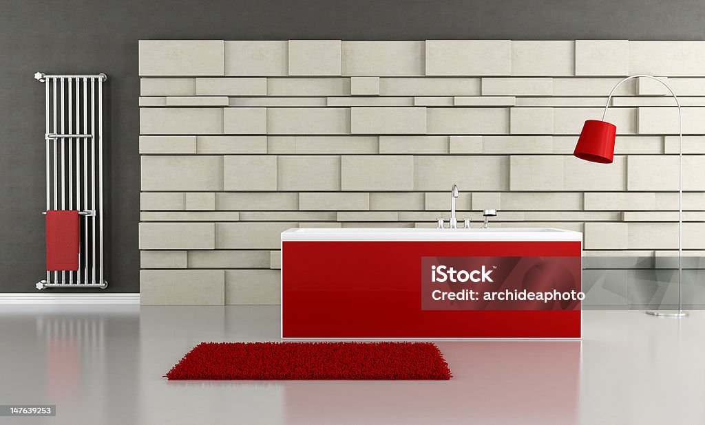 Red bathroom red bathtub in front at stone panel - rendering Domestic Room Stock Photo