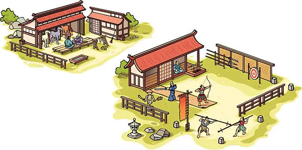 Vector illustration of Ancient Japanese samurai training camp and the stables.