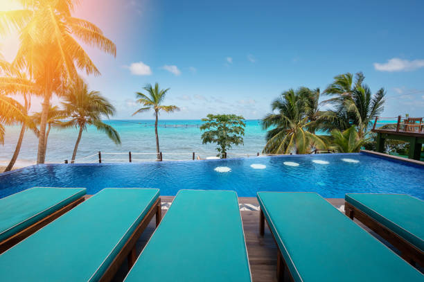 istock Blue modern pool in Caribbean beach 1476401486