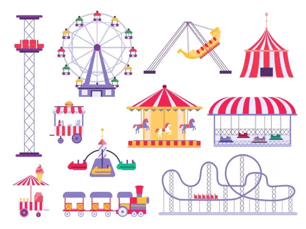Vector illustration of Carnival park attraction ride, train, roller coaster and horse carousel. Amusement fair, tent, cars and swings. Cartoon festival vector set