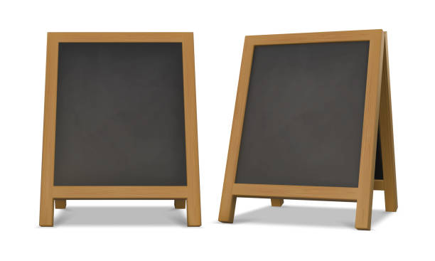istock Outdoor chalk menu blackboard stand with wood frame. Realistic chalkboard easel for cafe or restaurant. Street advertising board vector set 1476404624