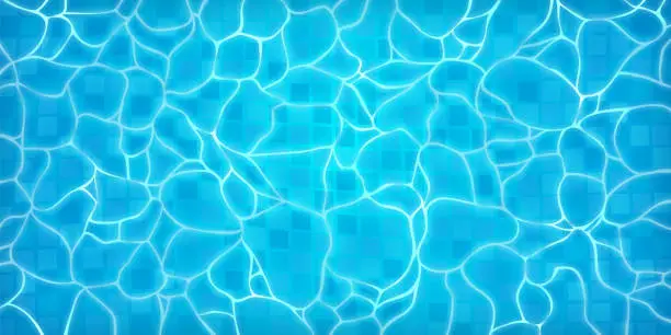 Vector illustration of Realistic swimming pool bottom with blue water waves texture. Summer aqua surface with caustics ripples. Spa pool top view vector background