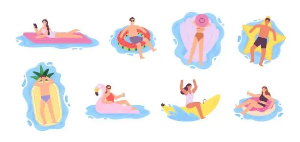 Vector illustration of Flat people on inflatable air mattresses and swimming rings. Women floating and sunbathing on flamingo and doughnut rubber ring vector set