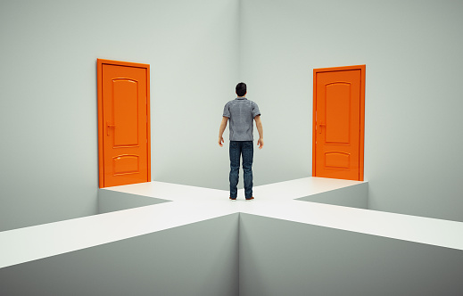 Man standing at intersection between two doors . Opportunity and choice concept . This is a 3d render illustration.