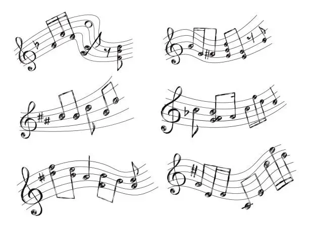 Vector illustration of Sketch curved musical staff with notes, clefs and signs. Melody, tune or song sound waves with chords. Doodle music sheet lines vector set