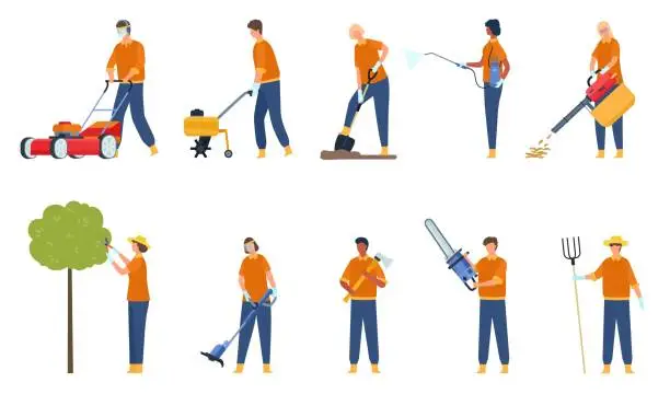Vector illustration of Flat garden workers with equipment trimming tree and grass. Professional lawn mowing and care maintenance. Gardeners with tools vector set