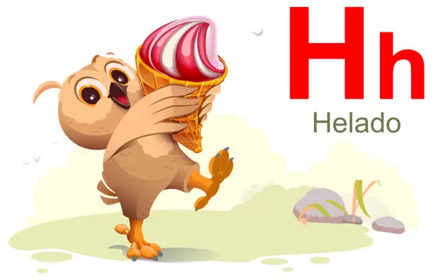Vector illustration of Owl hold ice cream cone. Learn Spanish helado ice cream translation