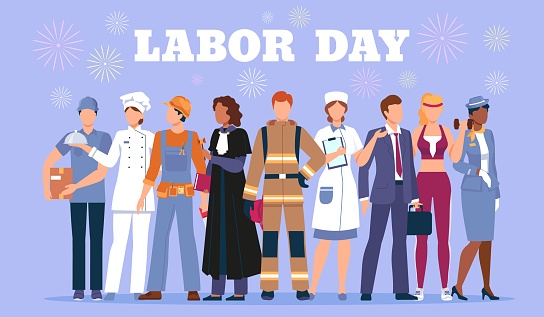 Happy labor day poster with people workers in profession uniform. International job work holiday. Diverse characters employee vector banner. Illustration of labor worker day