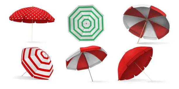 Vector illustration of Realistic 3d sea beach umbrella for sun protection. Sunshade parasol with white red stripes top and angle view. Umbrella for pool vector set