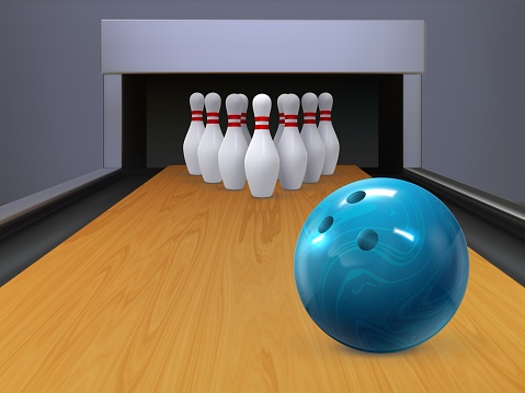 Realistic bowling wood lane with rolling ball and skittle pins. Sport bowl game competition alley. Bowling club playing vector background. Equipment for professional or hobby activity