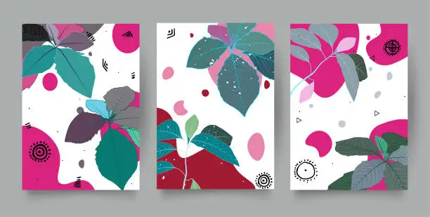 Vector illustration of Botanical wall art vector set. Hand draw template leaves and line art background for paper, Foliage line art drawing with abstract shape. Abstract Plant Art design for print, cover, wallpaper, Minimal and natural wall art.