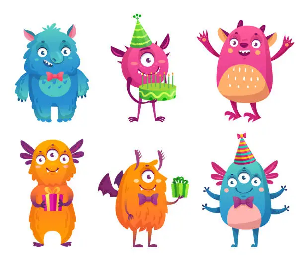 Vector illustration of Cartoon party monsters celebrating happy event. Cute fluffy characters with friendly smiles holding birthday cake