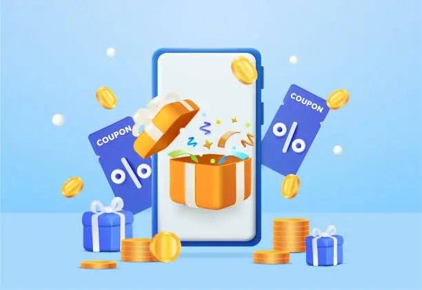Vector illustration of Blue smartphone with open gift box and discount voucher or coupon percentage sale, confetti, falling coins, gift box concept. Online shopping concept. sale promotion banner. 3d vector illustration