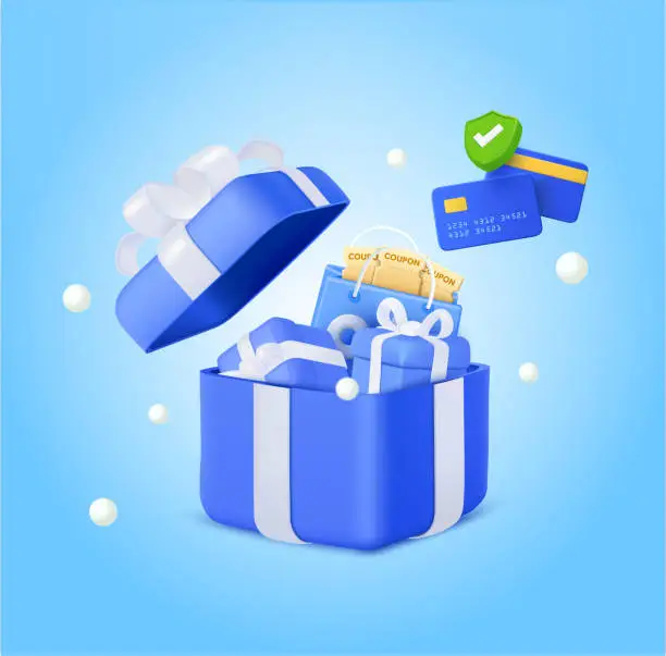 Vector illustration of 3d giftboxes with shopping bag and credit card. Box opening with bag, coupons, vouchers, debit card and check mark. Promotion marketing, sale marketing, bonus, benefits. 3d vector illustration.