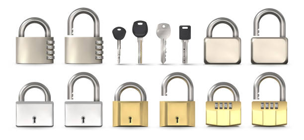 ilustrações de stock, clip art, desenhos animados e ícones de open and closed metallic, gold and chrome code padlocks. realistic locks with secret number combination and keyholes, modern keys vector set - shiny chrome car vehicle door