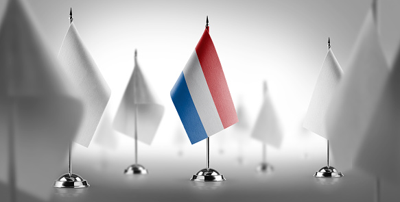 The national flag of the Netherlands surrounded by white flags.