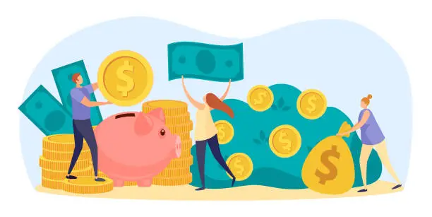 Vector illustration of Money saving concept, golden coins and cash