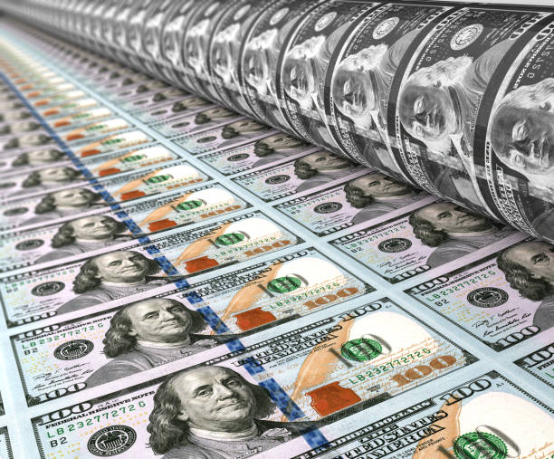 Money Printing 100 US Dollar Banknotes stock photo