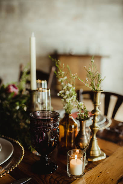 Side view of table set up for dinner party