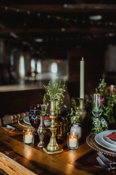 istock Side angle view of a table set up for a wedding 1476435393