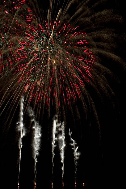 istock White, red, gold and green fireworks on a lake 147643875