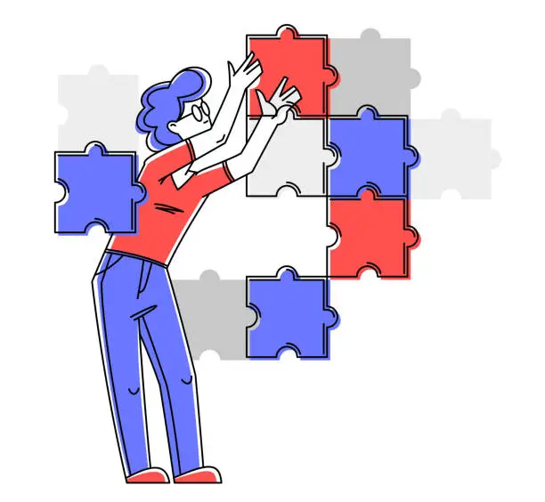 Vector illustration of Young person combining puzzles and creating a system, vector outline illustration, connect pieces together.