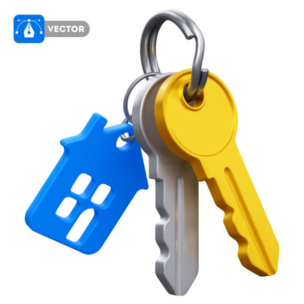 Two Keys with Keychain House Keys with keychain in the form of house. Concept on real estate theme, buying, selling, protection, security, property insurance. Isolated on white background. Vector 3d realistic illustration house key icon stock illustrations