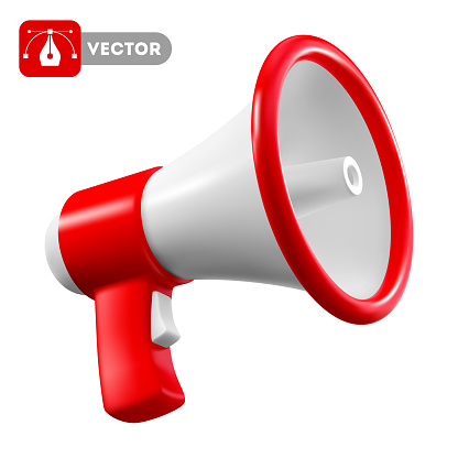 Red and white colored megaphone, isolated on white background. Vector 3d realistic illustration