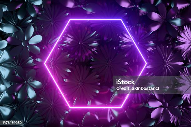 Neon Spring Imager Glowing Neon Frame On Spring Flowers Background Stock Photo - Download ...