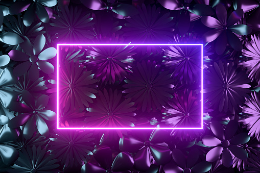 3d rendering of glowing neon frame on spring flowers background. Purple, blue  and blue colors.