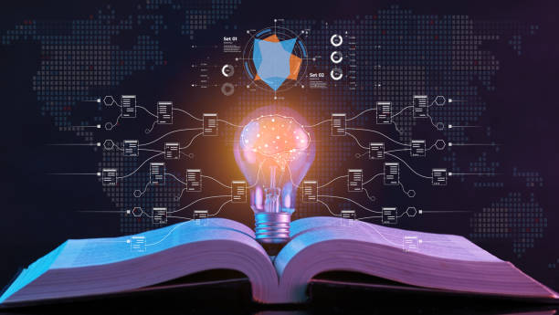 Light bulb glowing with AI icon provide information, digital chat bot concept. Artificial intelligence, machine learning concept, big data, cloud computing, computer network and innovation technology la bombilla que brilla con el icono de ai proporciona información, concepto de bot de chat digital. inteligencia artificial, concepto de aprendizaje automático, big data, computación en la nube, redes informáticas y tecnología de innovación