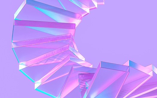 3D illustration of a glass spiral staircase illuminated by fantastic light