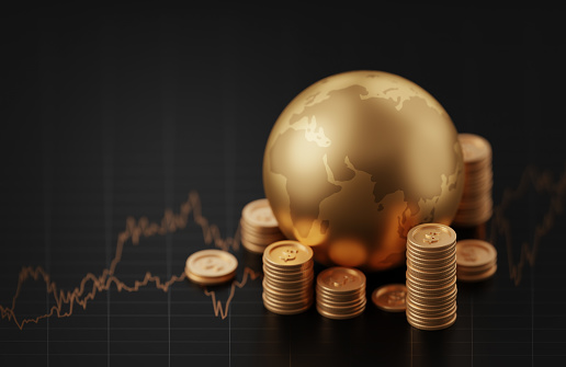 Global stock financial investment gold price economy business capital world market on 3d background with growth finance money currency diagram chart economic trade exchange dollar cash graph analysis.