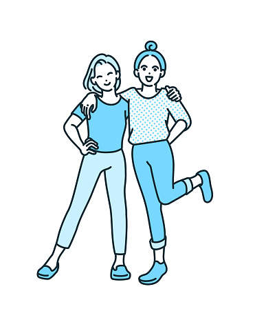 Two good friends. Woman smiling, shoulders together. Simple vector illustration.