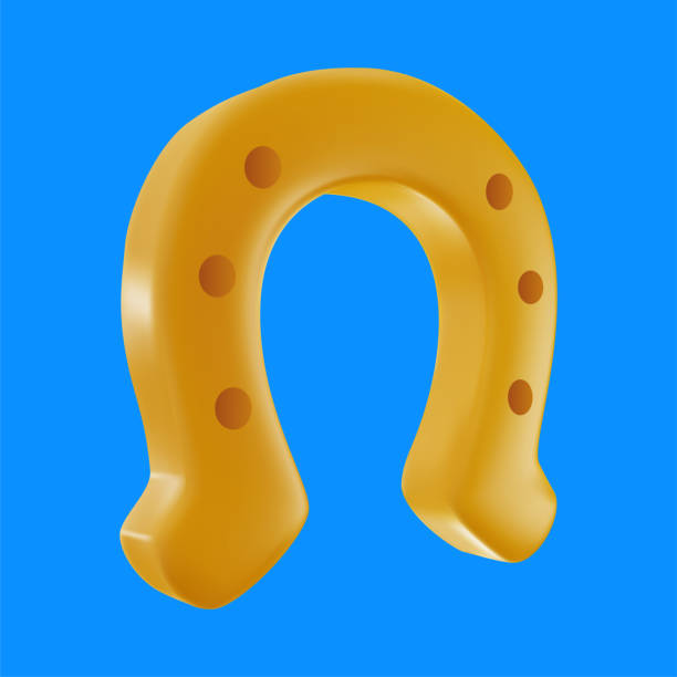 złota podkowa izolowana na kolorowym tle. kreskówka 3d żywa ilustracja w realistycznym minimalistycznym stylu. jasny nowoczesny wektorowy element graficzny. - horseshoe luck wild west good luck charm stock illustrations