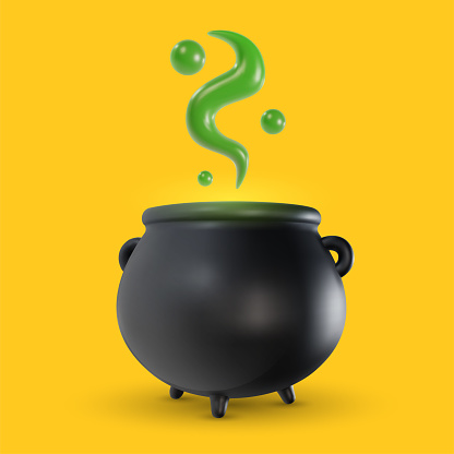 3d realistic black witches cauldron with green potion or poison. Cartoon magic pot on color background. Vector bright illustration in modern glossy style.