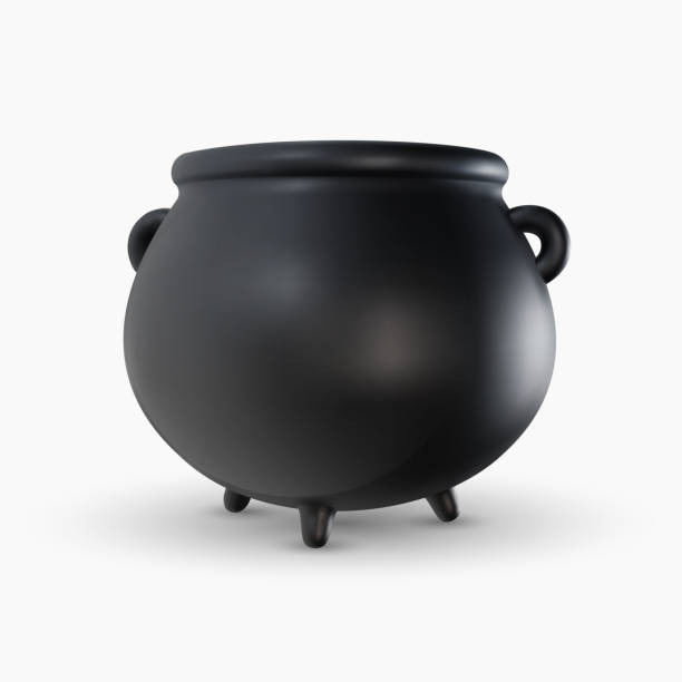 istock 3d realistic black cauldron in cartoon minimal style. Vintage iron medieval pot on white background. Glossy magic or celebration kettle toy. Vector illustration. 1476477778