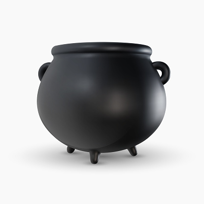 3d realistic black cauldron in cartoon minimal style. Vintage iron medieval pot on white background. Glossy magic or celebration kettle toy. Vector illustration.