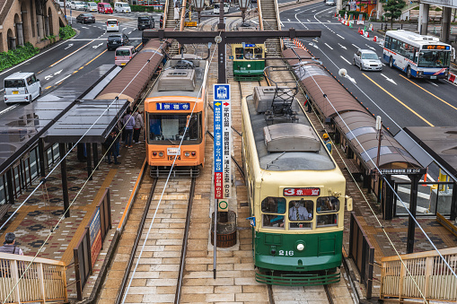 March 21, 2023: tramcar of Nagasaki City Electric Tramway, a private tram system in Nagasaki, Kyushu, Japan. It was opened on November 16, 1915 and provides a convenient way to travel around the city