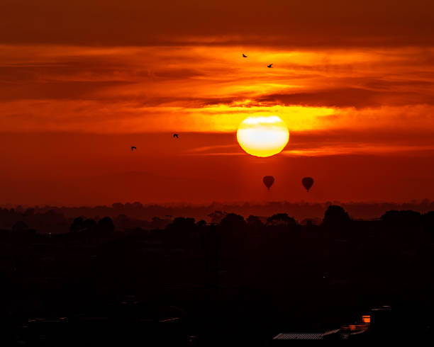 Hot air balloons float above Melbourne suburbs, from Brunswick looking towards the east stock photo