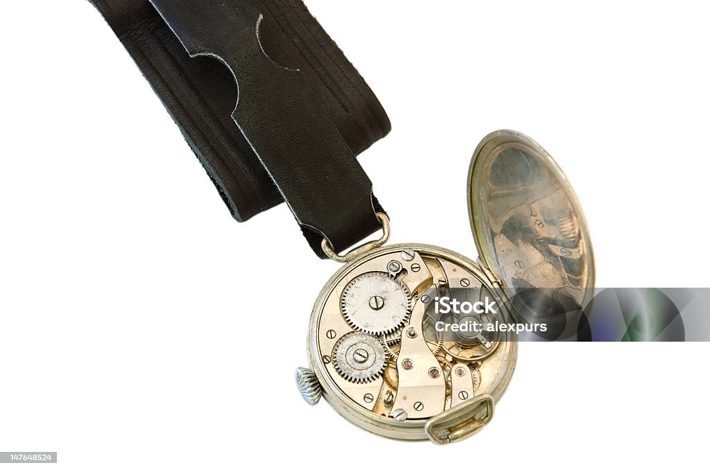 Old watch. Old watch with open other side (clockwork) on overwhite background. Backgrounds Stock Photo